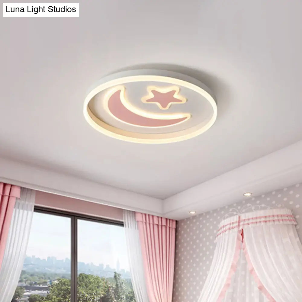 Kids Led Bedroom Flush Mount Moon And Star Light Fixture In White/Pink/Blue Acrylic Shade