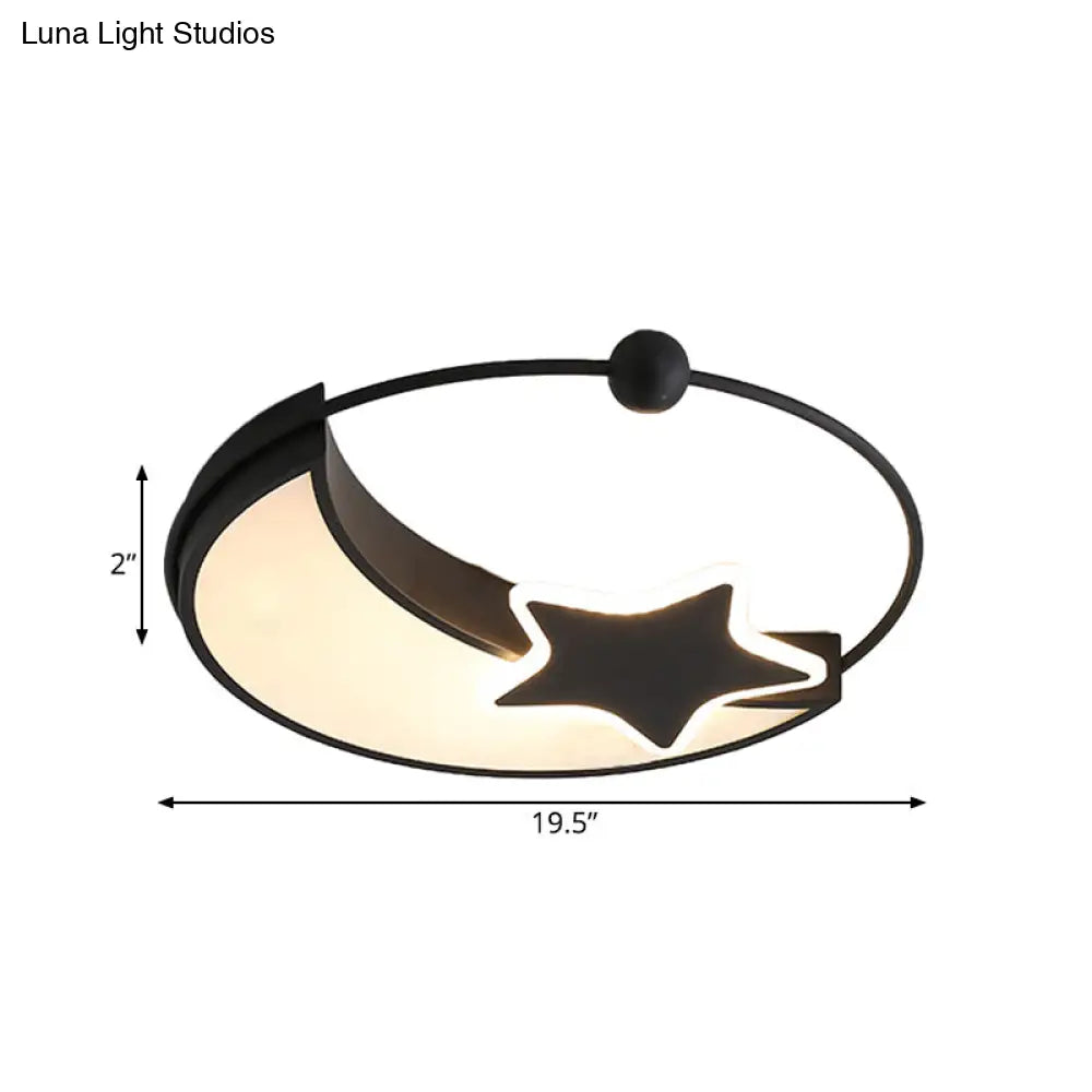 Kids Led Black Moon And Star Flush Mount Lamp With Warm/White Light