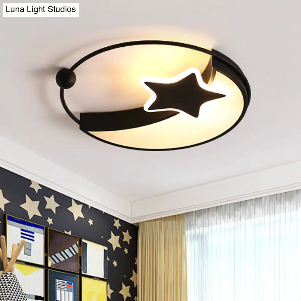 Kids Led Black Moon And Star Flush Mount Lamp With Warm/White Light