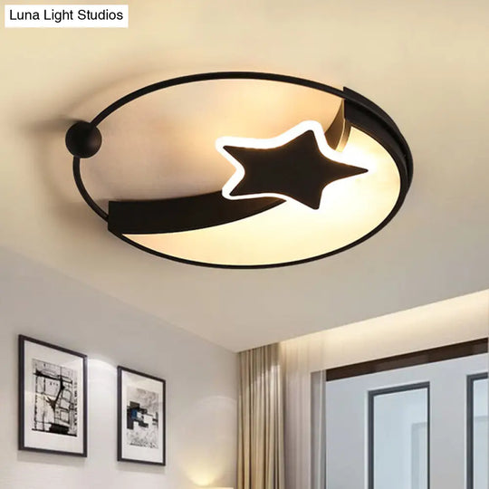 Kids Led Black Moon And Star Flush Mount Lamp With Warm/White Light / White