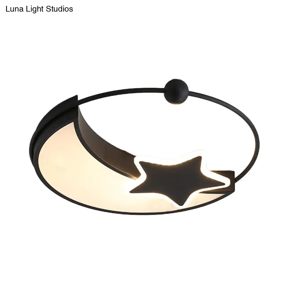 Kids Led Black Moon And Star Flush Mount Lamp With Warm/White Light