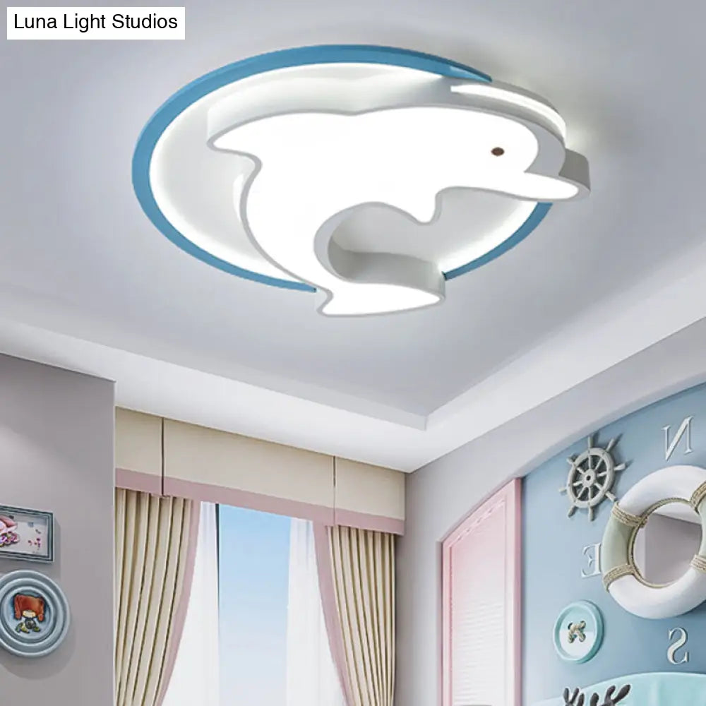 Kids Led Blue Dolphin Ceiling Light Fixture With Warm/White Acrylic Shade Flush Mount 18/23.5 W / 18