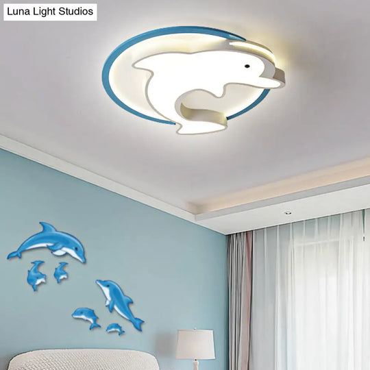 Kids Led Blue Dolphin Ceiling Light Fixture With Warm/White Acrylic Shade Flush Mount 18/23.5 W