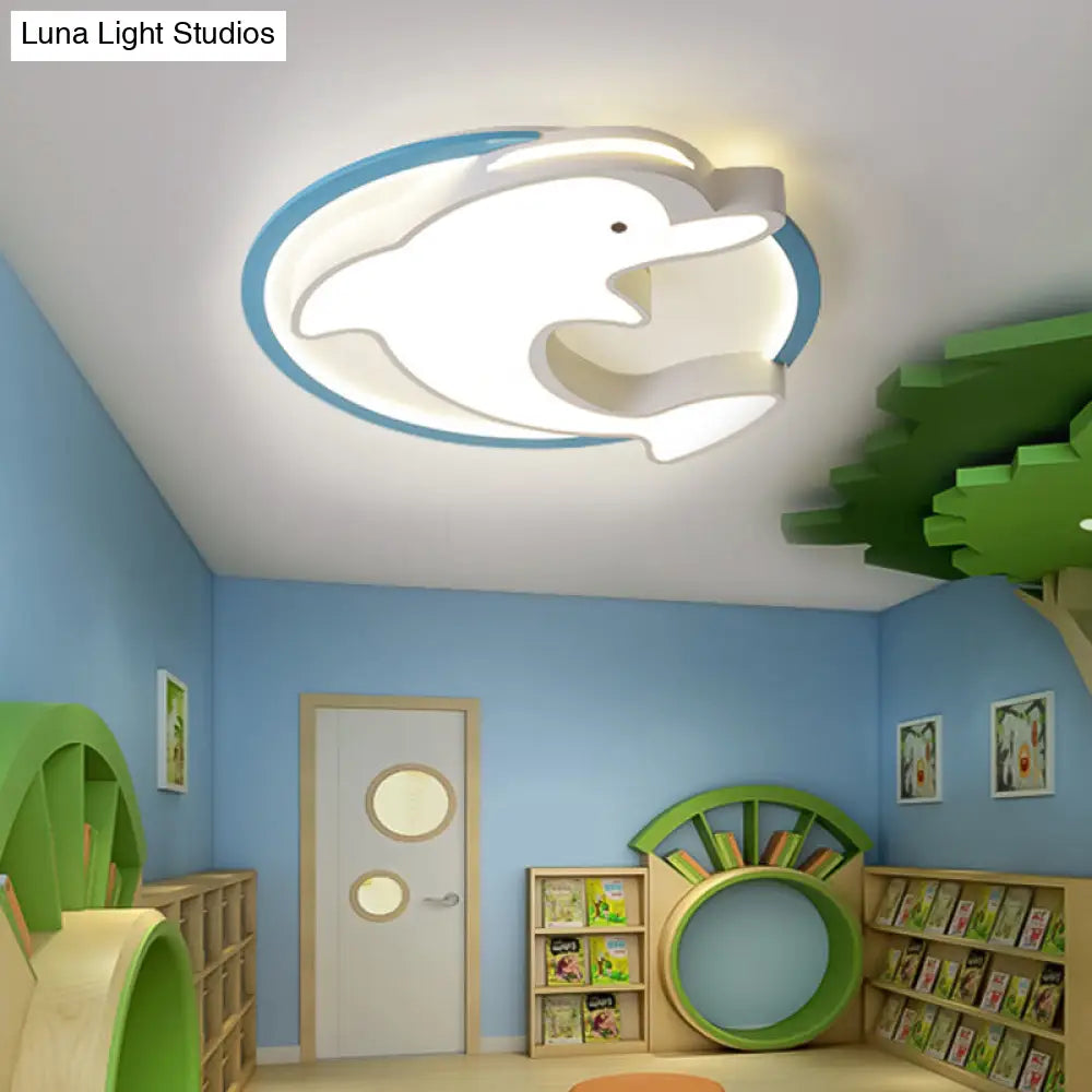 Kids Led Blue Dolphin Ceiling Light Fixture With Warm/White Acrylic Shade Flush Mount 18/23.5 W