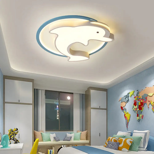 Kids Led Blue Dolphin Ceiling Light Fixture With Warm/White Acrylic Shade Flush Mount 18’/23.5’