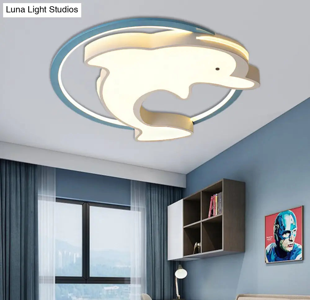 Kids Led Blue Dolphin Ceiling Light Fixture With Warm/White Acrylic Shade Flush Mount 18/23.5 W