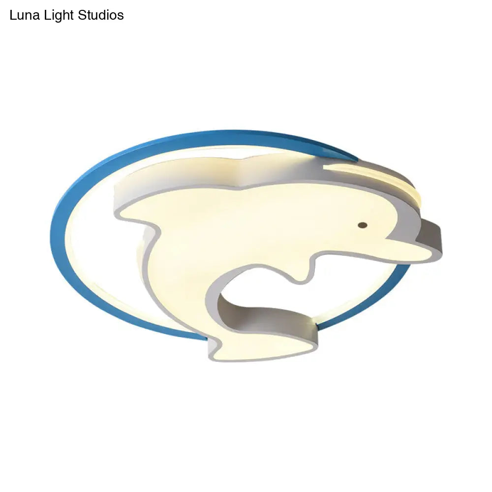 Kids Led Blue Dolphin Ceiling Light Fixture With Warm/White Acrylic Shade Flush Mount 18/23.5 W