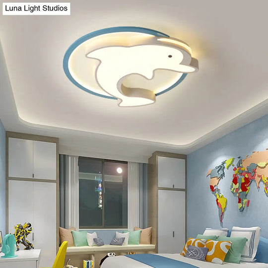 Kids Led Blue Dolphin Ceiling Light Fixture With Warm/White Acrylic Shade Flush Mount 18/23.5 W / 18