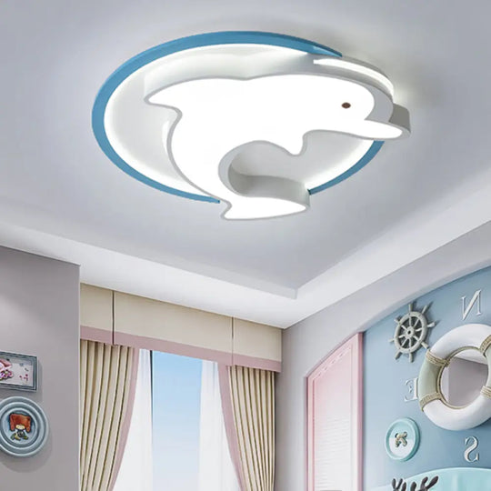 Kids Led Blue Dolphin Ceiling Light Fixture With Warm/White Acrylic Shade Flush Mount 18’/23.5’
