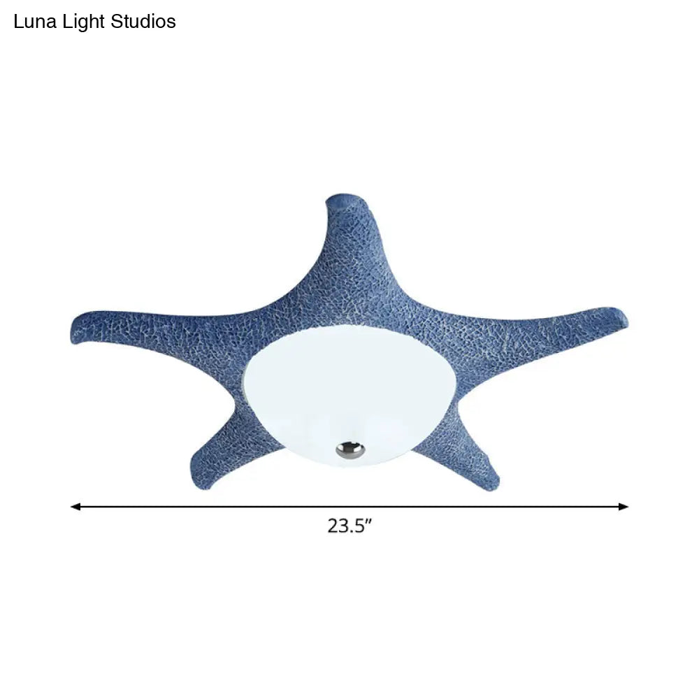 Kid’s Led Blue Starfish Flush Mount Lamp With Dome White Glass Shade