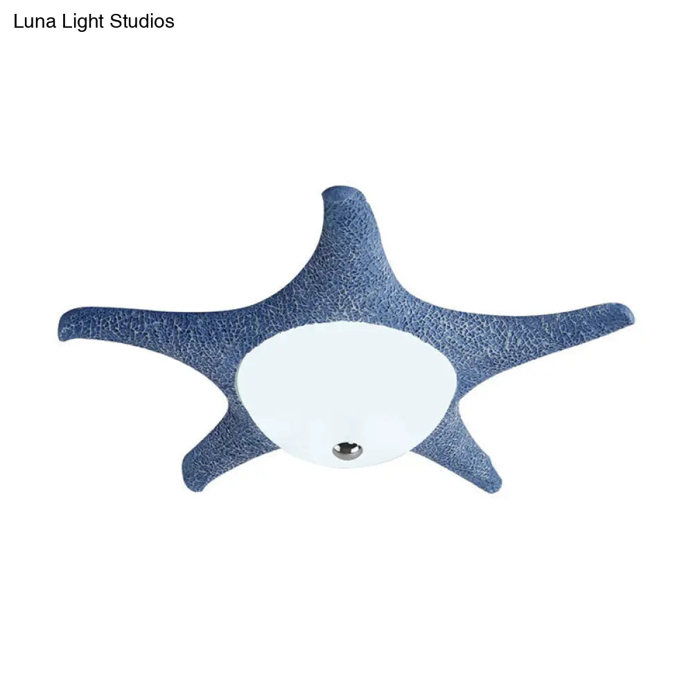 Kids Led Blue Starfish Flush Mount Lamp With Dome White Glass Shade