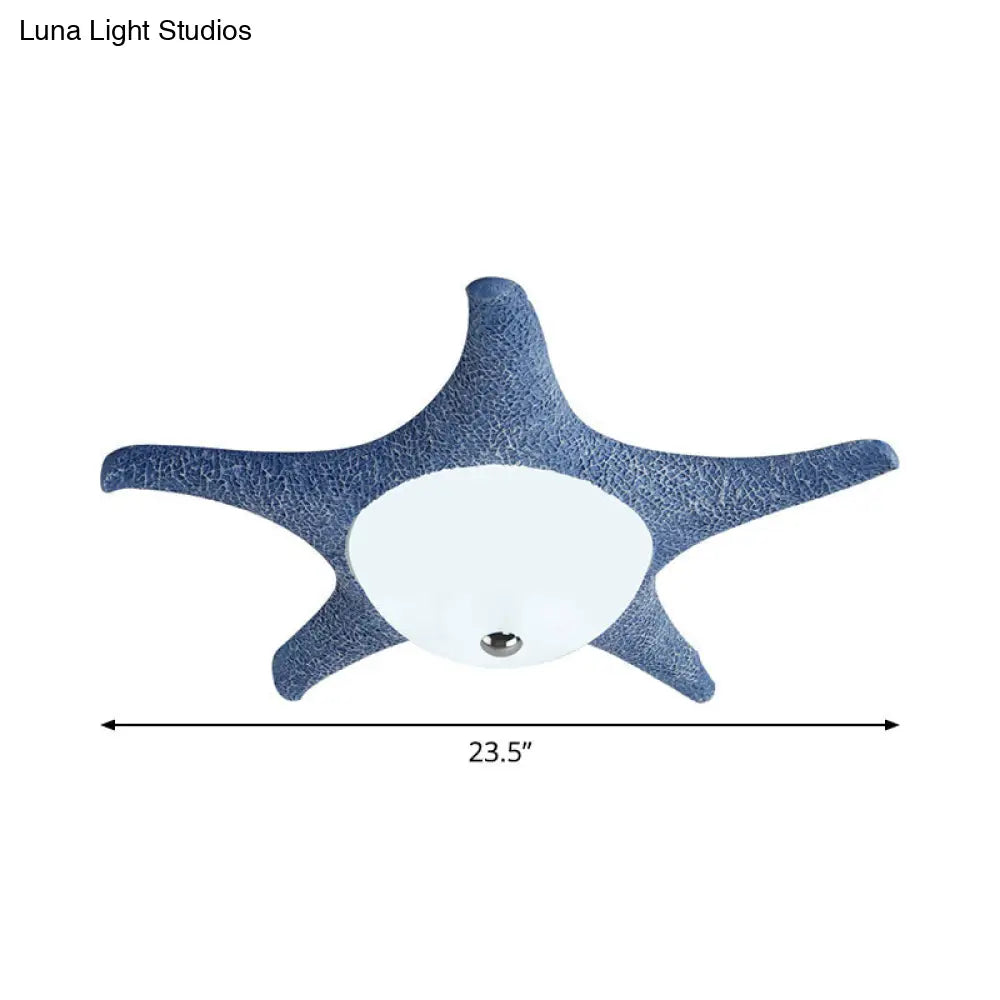 Kids Led Blue Starfish Flush Mount Lamp With Dome White Glass Shade