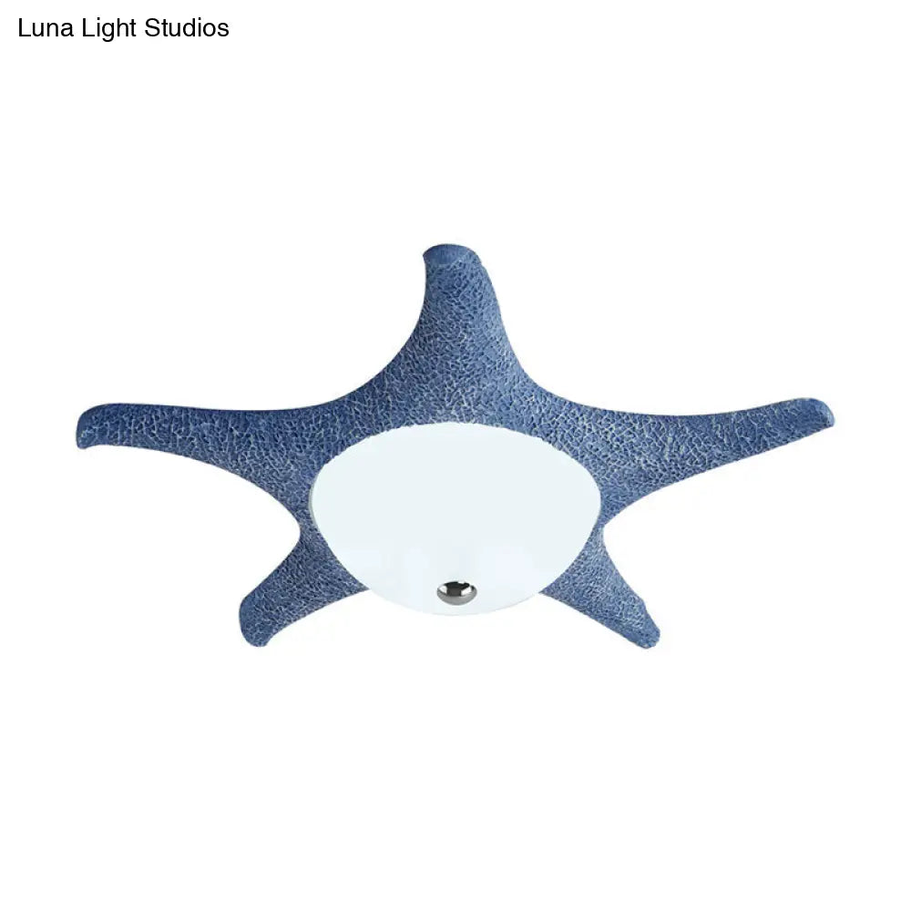 Kid’s Led Blue Starfish Flush Mount Lamp With Dome White Glass Shade