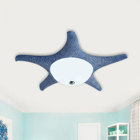 Kid’s Led Blue Starfish Flush Mount Lamp With Dome White Glass Shade