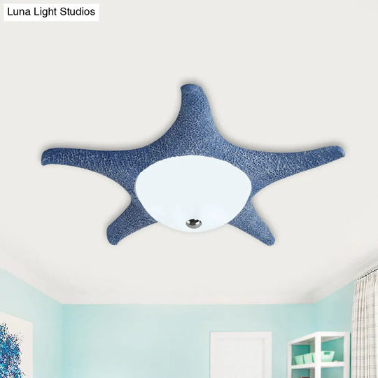 Kids Led Blue Starfish Flush Mount Lamp With Dome White Glass Shade