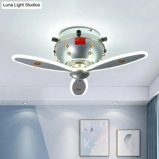 Kids Led Ceiling Light Fixture In Nickel For Boys Room - Propeller Jet Head Flushmount