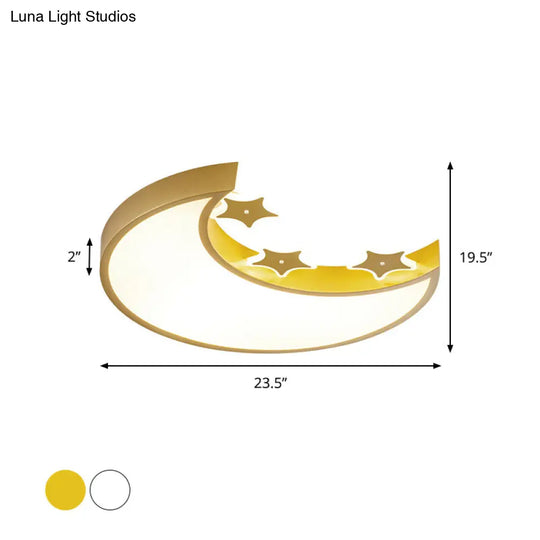 Kids Led Ceiling Light: White/Yellow Crescent & Star Flush Mount Lamp With Acrylic Shade