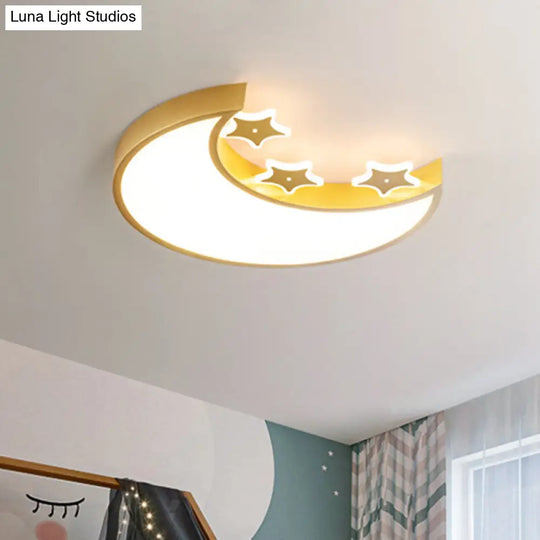Kids Led Ceiling Light: White/Yellow Crescent & Star Flush Mount Lamp With Acrylic Shade Yellow