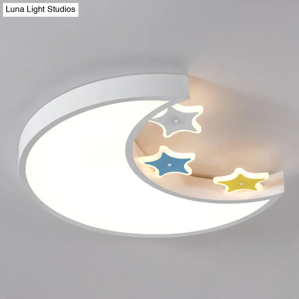 Kids Led Ceiling Light: White/Yellow Crescent & Star Flush Mount Lamp With Acrylic Shade