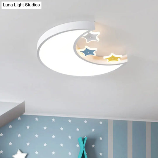 Kids Led Ceiling Light: White/Yellow Crescent & Star Flush Mount Lamp With Acrylic Shade