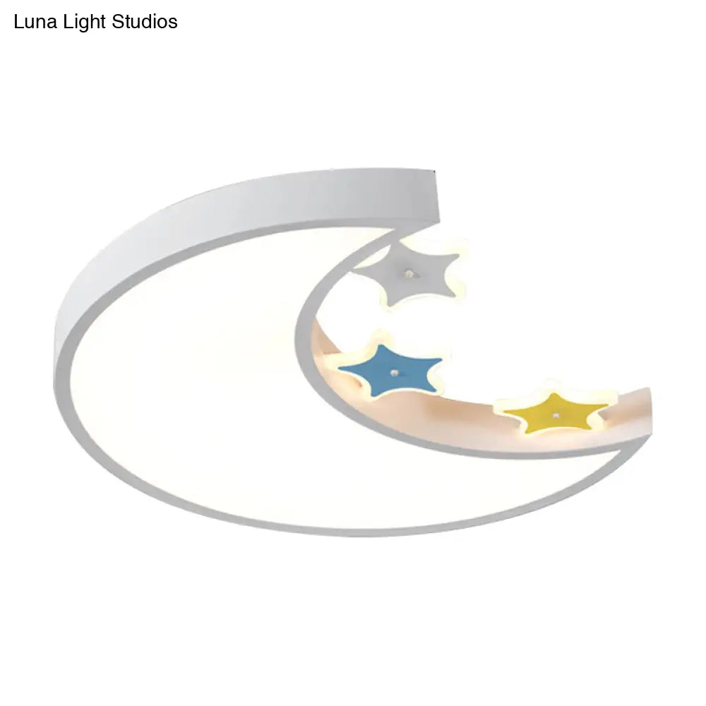 Kids Led Ceiling Light: White/Yellow Crescent & Star Flush Mount Lamp With Acrylic Shade