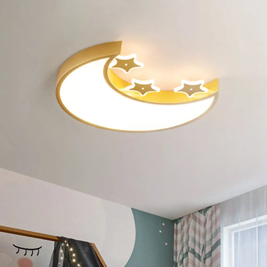 Kids Led Ceiling Light: White/Yellow Crescent & Star Flush Mount Lamp With Acrylic Shade Yellow