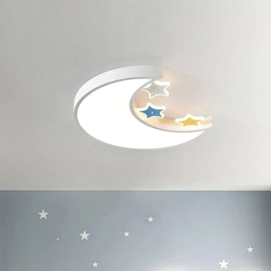 Kids Led Ceiling Light: White/Yellow Crescent & Star Flush Mount Lamp With Acrylic Shade White