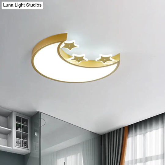 Kids Led Ceiling Light: White/Yellow Crescent & Star Flush Mount Lamp With Acrylic Shade