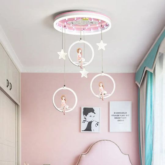 Kids Led Ceiling Light With Princess/Astronaut Theme - Pink/Blue Flush Mount Circle Lamp Pink