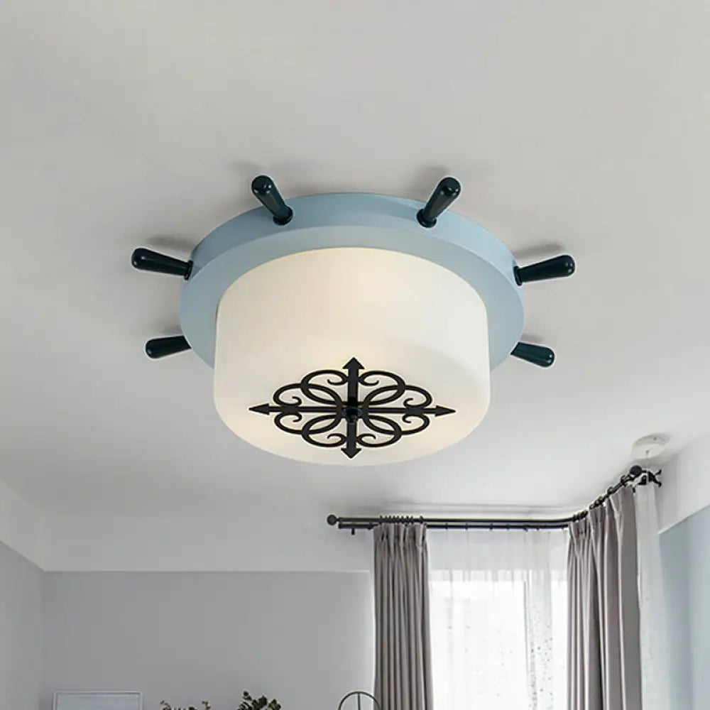 Kids’ Led Ceiling Light With White Glass Drum And Rudder Blue/Brown Canopy Blue