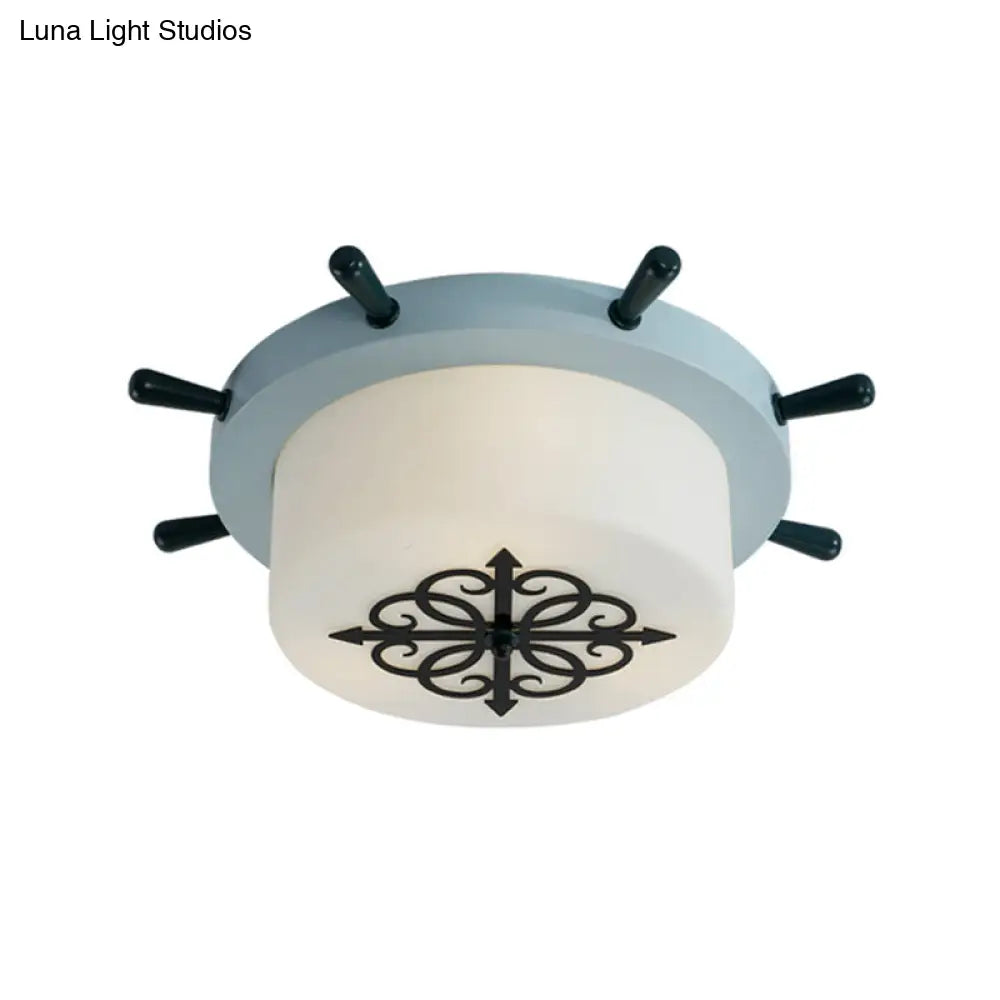 Kids Led Ceiling Light With White Glass Drum And Rudder Blue/Brown Canopy