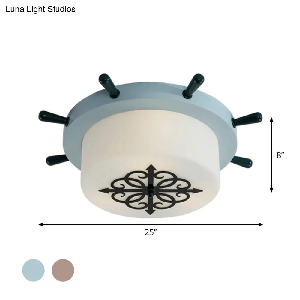 Kids Led Ceiling Light With White Glass Drum And Rudder Blue/Brown Canopy