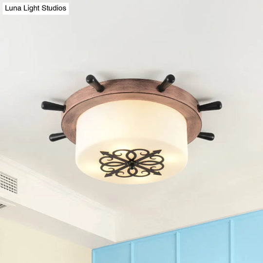 Kids Led Ceiling Light With White Glass Drum And Rudder Blue/Brown Canopy Brown