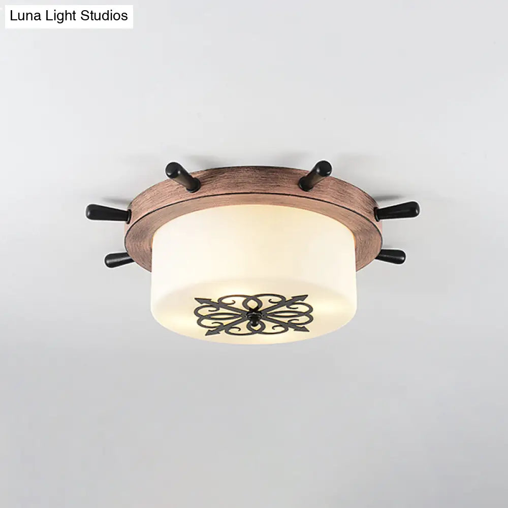 Kids’ Led Ceiling Light With White Glass Drum And Rudder Blue/Brown Canopy