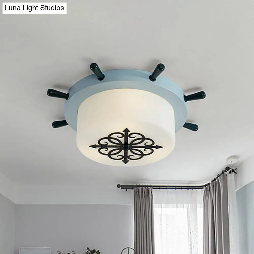 Kids Led Ceiling Light With White Glass Drum And Rudder Blue/Brown Canopy Blue