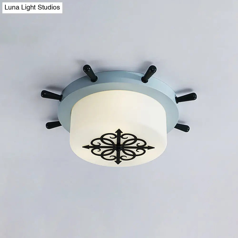 Kids’ Led Ceiling Light With White Glass Drum And Rudder Blue/Brown Canopy