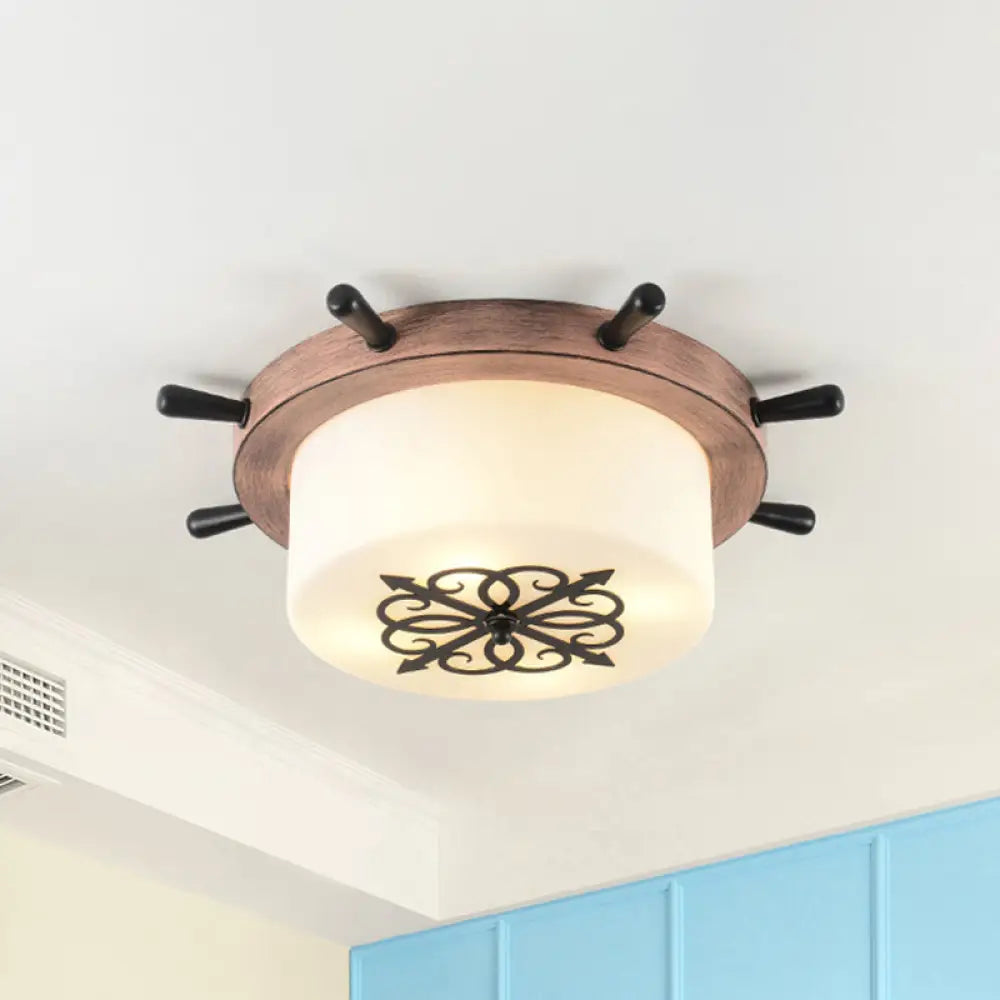 Kids’ Led Ceiling Light With White Glass Drum And Rudder Blue/Brown Canopy Brown