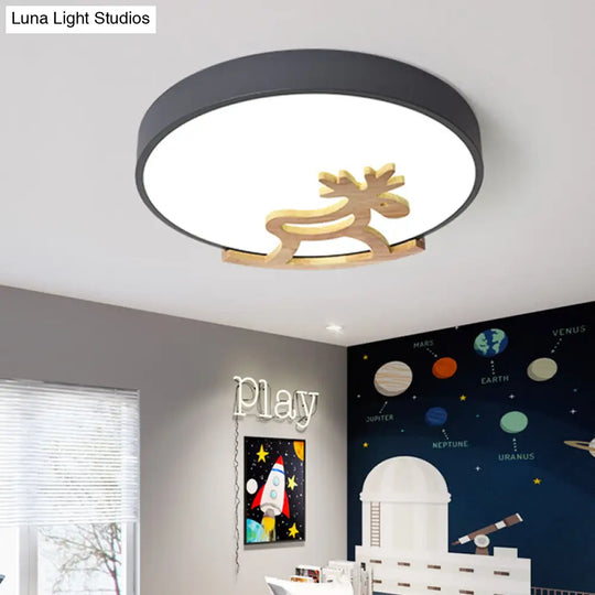 Kids Led Deer Flush Mount Ceiling Light In Gray/White With Acrylic And Wood Accents
