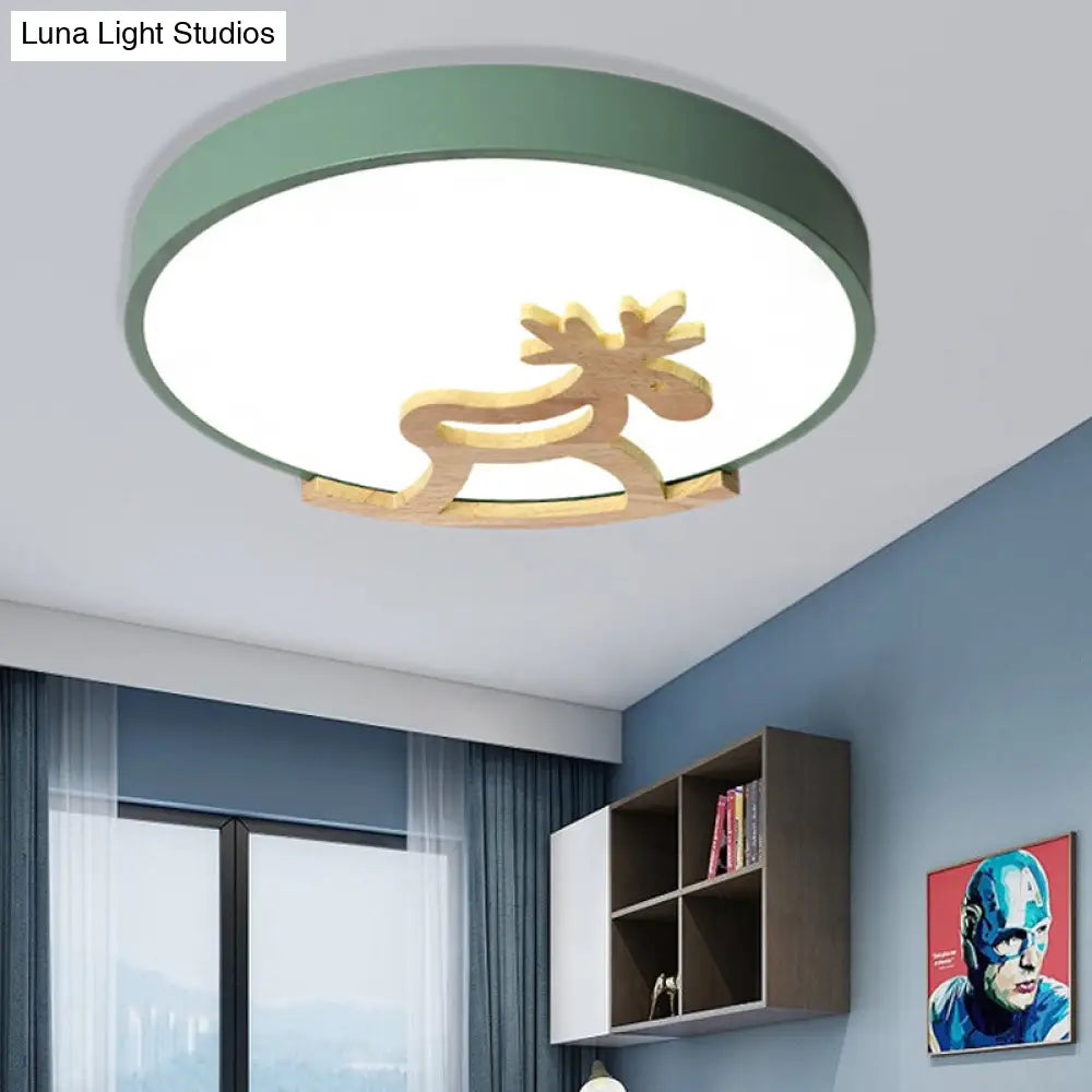Kids Led Deer Flush Mount Ceiling Light In Gray/White With Acrylic And Wood Accents Green