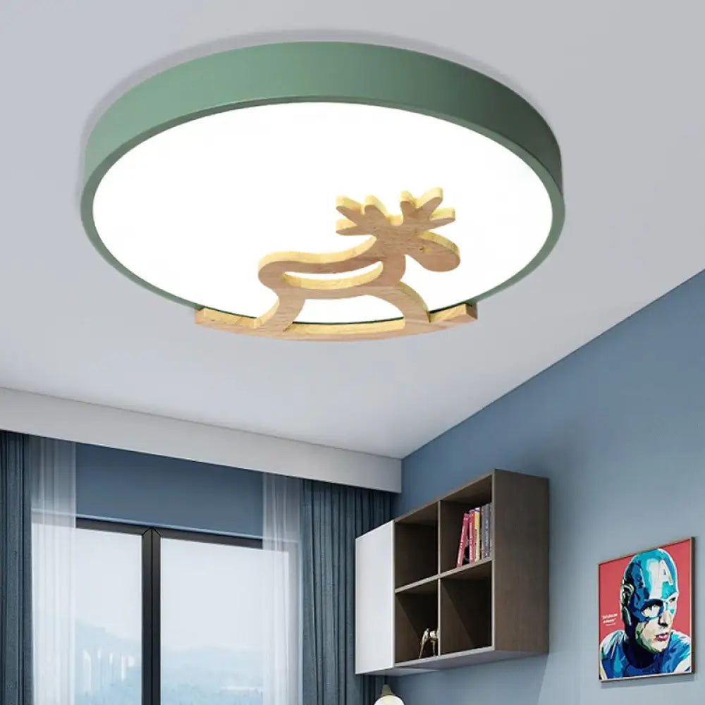 Kid’s Led Deer Flush Mount Ceiling Light In Gray/White With Acrylic And Wood Accents Green