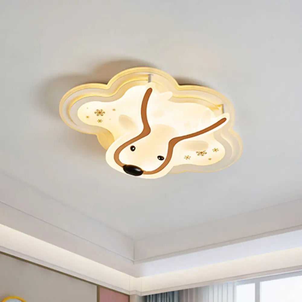 Kids’ Led Flush Ceiling Light - Deer Patterned Cloud Acrylic Bedroom Lamp In White