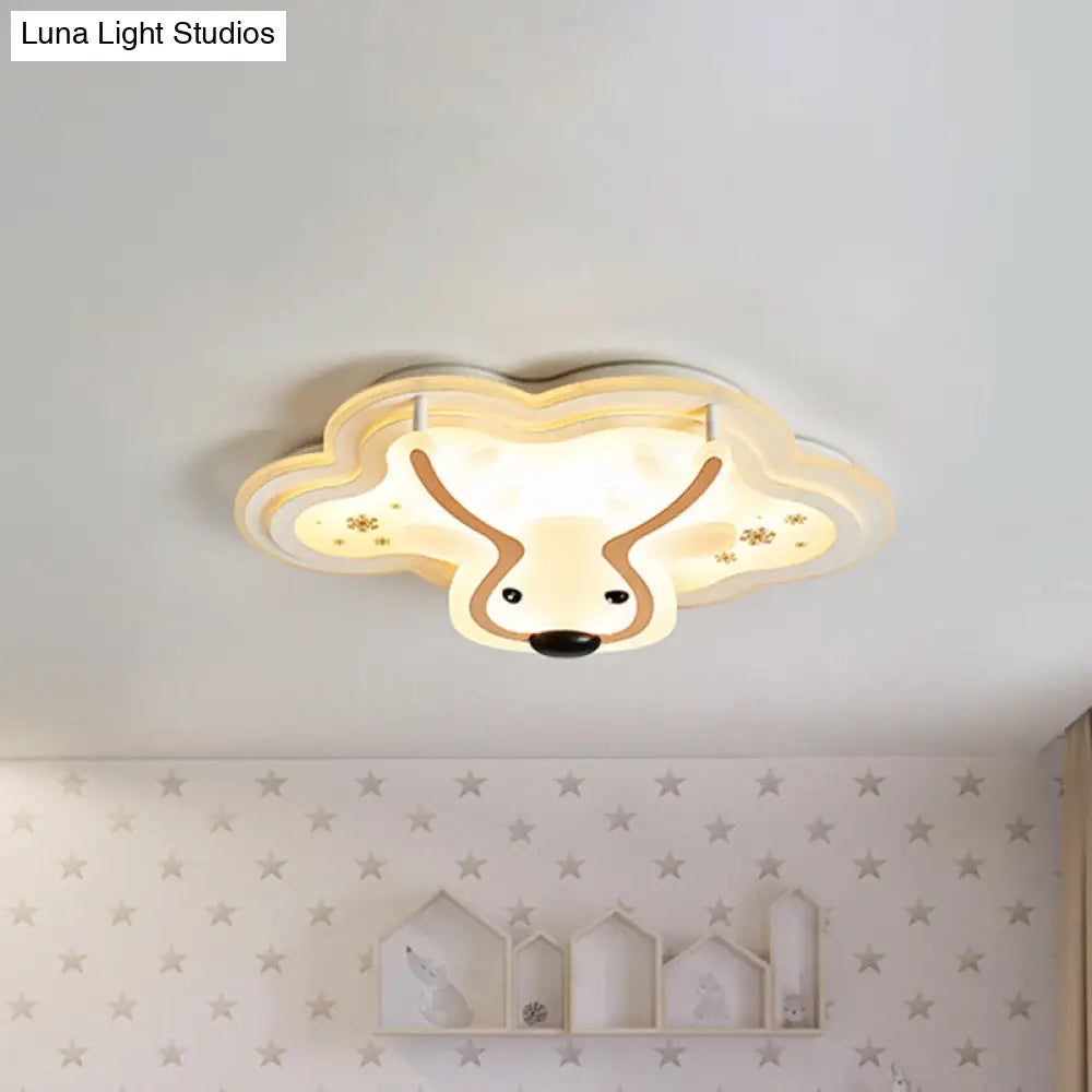 Kids’ Led Flush Ceiling Light - Deer Patterned Cloud Acrylic Bedroom Lamp In White