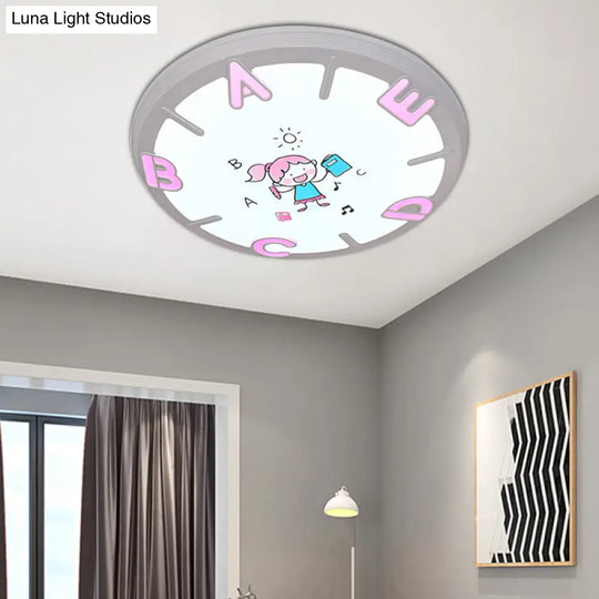 Kids Led Flush Ceiling Light With Letter Pattern In Blue/Pink - Round Shade Plastic Pendant Ideal