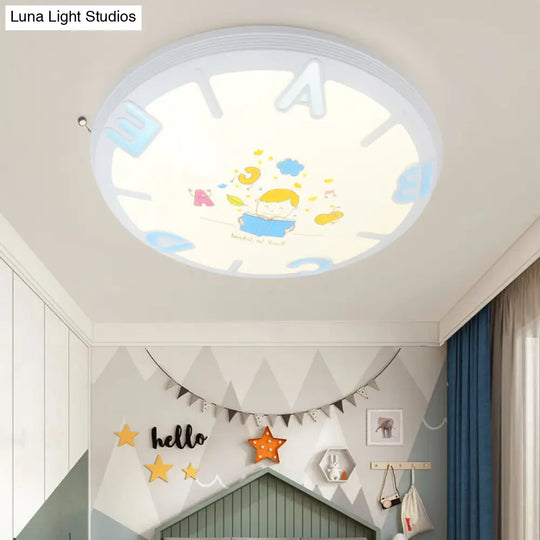 Kids Led Flush Ceiling Light With Letter Pattern In Blue/Pink - Round Shade Plastic Pendant Ideal