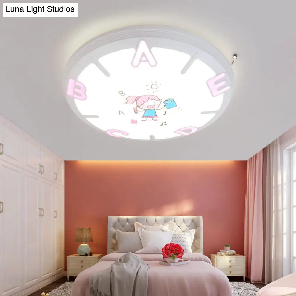 Kids Led Flush Ceiling Light With Letter Pattern In Blue/Pink - Round Shade Plastic Pendant Ideal