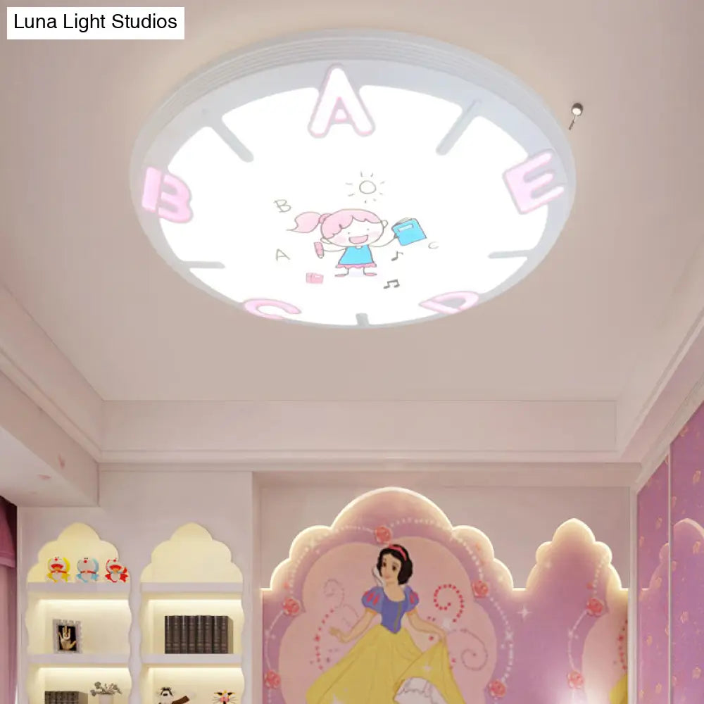 Kids Led Flush Ceiling Light With Letter Pattern In Blue/Pink - Round Shade Plastic Pendant Ideal