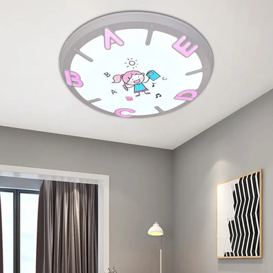 Kids Led Flush Ceiling Light With Letter Pattern In Blue/Pink - Round Shade Plastic Pendant Ideal