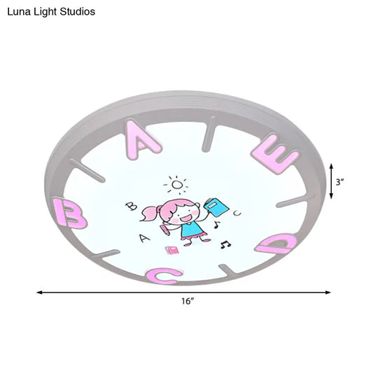 Kids Led Flush Ceiling Light With Letter Pattern In Blue/Pink - Round Shade Plastic Pendant Ideal