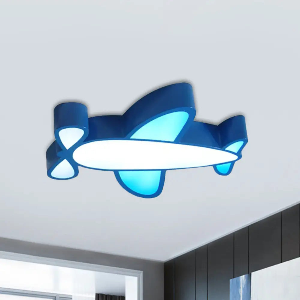 Kids Led Flush Light Fixture With Battle-Plane Design - Acrylic Shade In Red/Yellow/Blue Warm/White