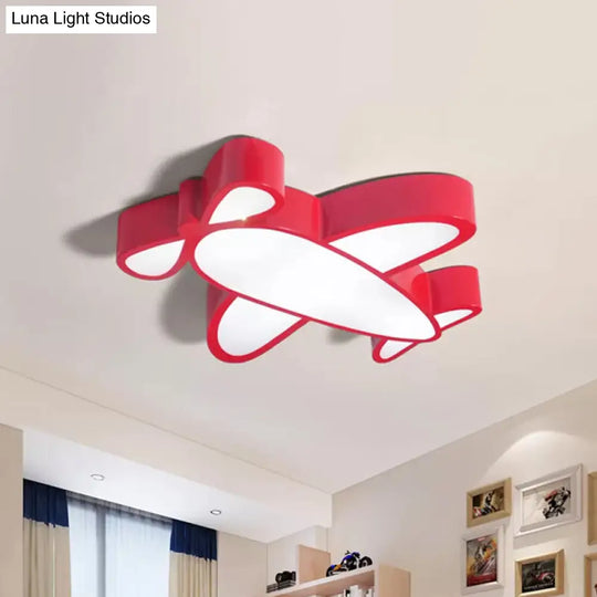 Kids Led Flush Light Fixture With Battle-Plane Design - Acrylic Shade In Red/Yellow/Blue Warm/White